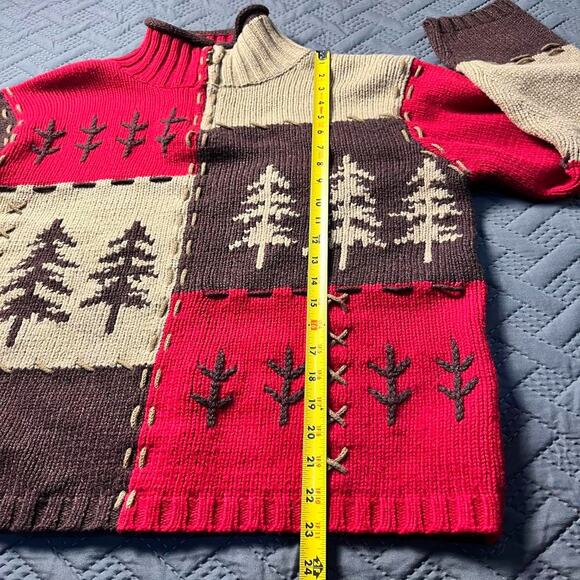 VTG 90's Grandma Chic 1/4 Zip Sweater Cottage Trees Wool Ramie Red Brown Small - Picture 5 of 6
